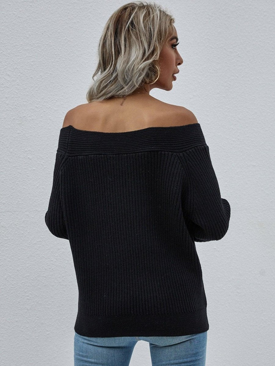 Off - Shoulder Rib - Knit Sweater - Klazzi Fashion Boutique