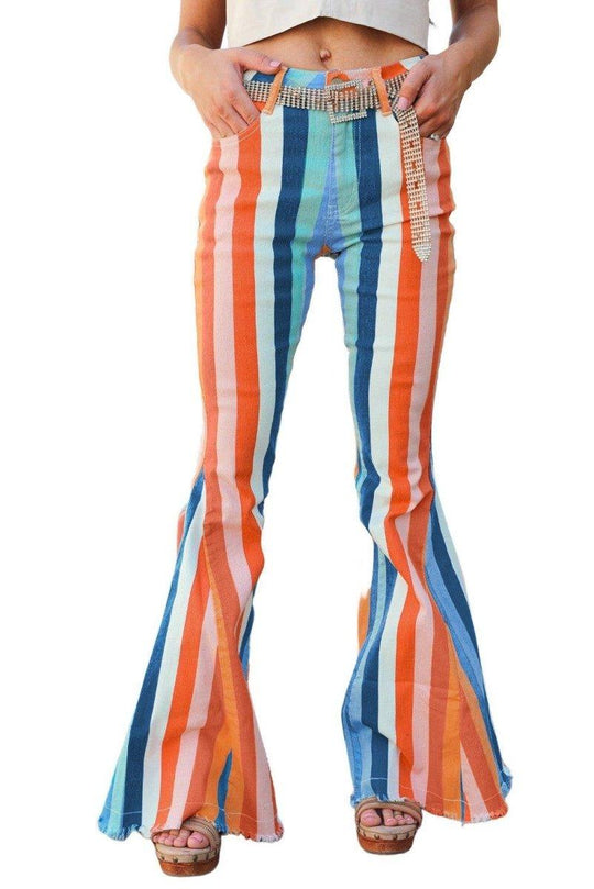 Orange Burst Multicolor Striped Fringy Bell Bottom Jeans - Klazzi Fashion Boutique