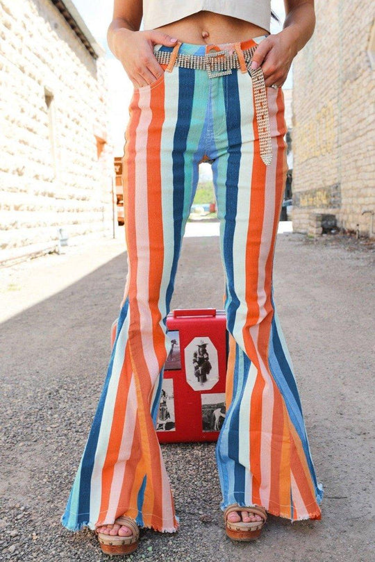 Orange Burst Multicolor Striped Fringy Bell Bottom Jeans - Klazzi Fashion Boutique