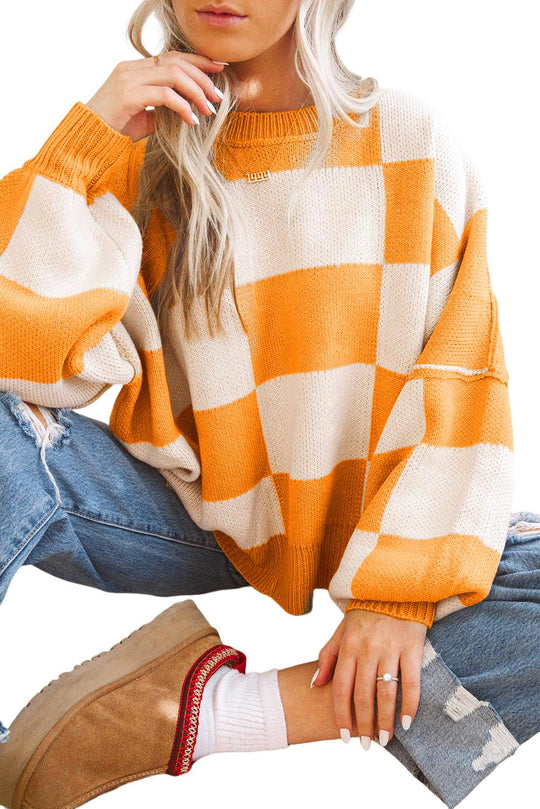 Orange Checkered Bishop Sleeve Sweater - Klazzi Fashion Boutique