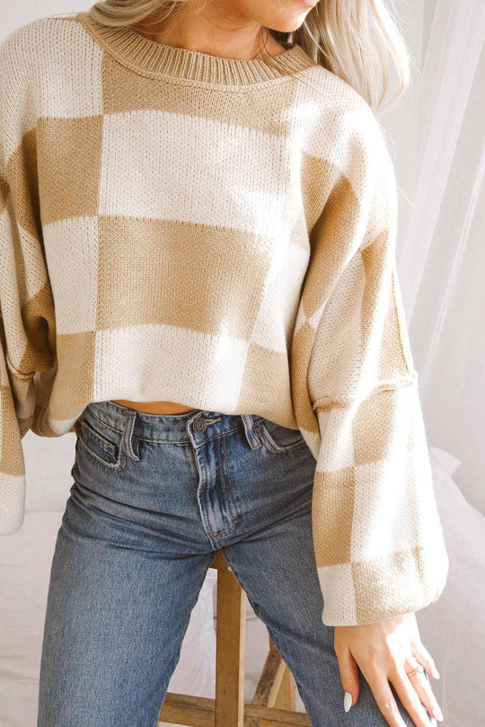  Checkered Bishop Sleeve Sweater