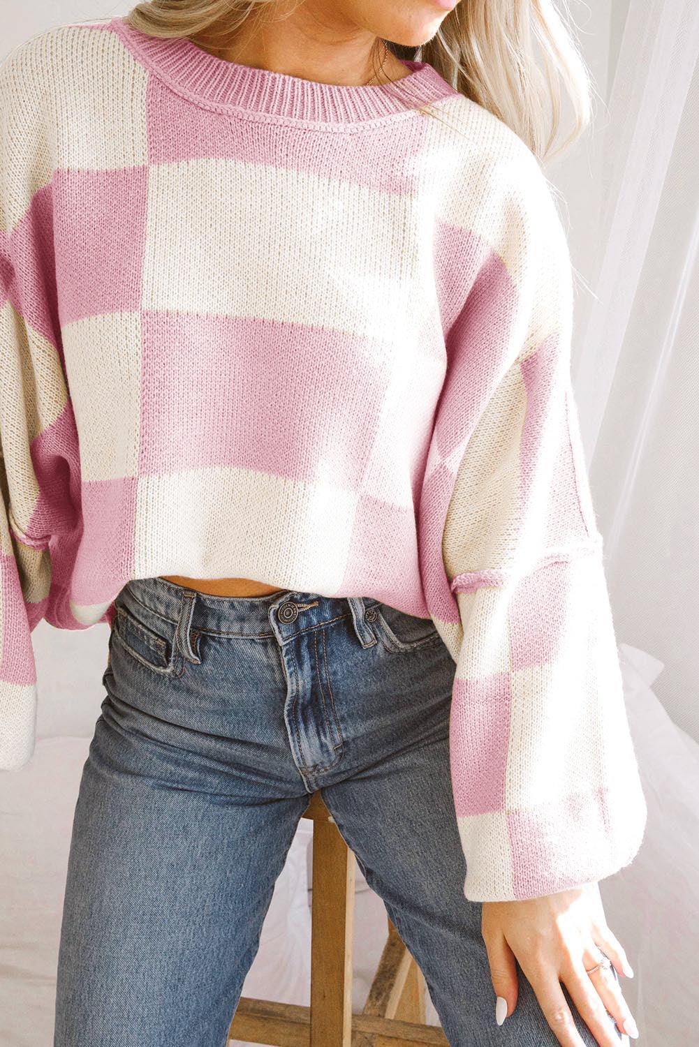  Checkered Bishop Sleeve Sweater