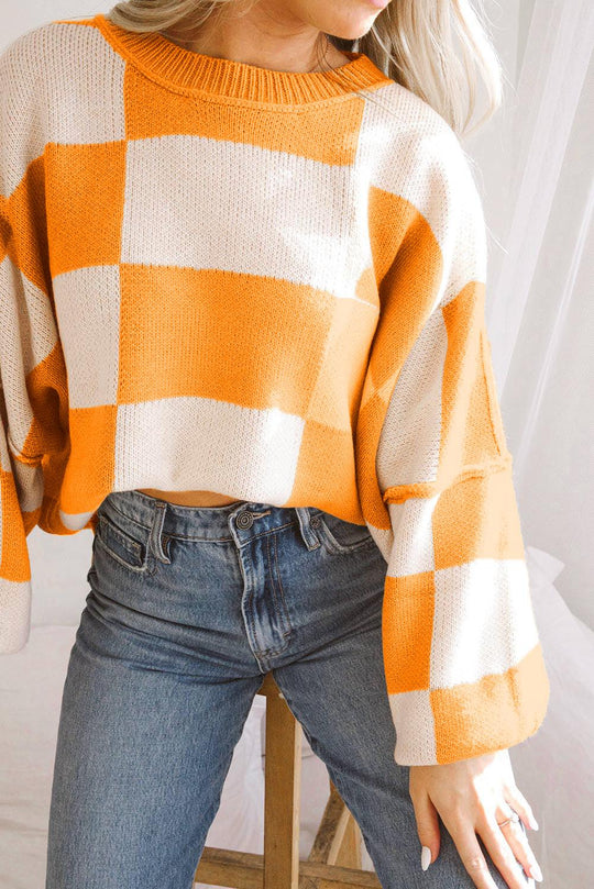 Orange Checkered Bishop Sleeve Sweater - Klazzi Fashion Boutique