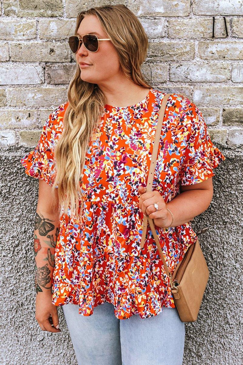 Orange Floral Ruffled Plus Size Babydoll Blouse - Klazzi Fashion Boutique