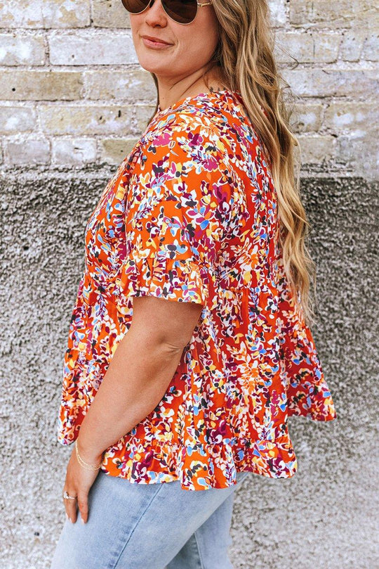 Orange Floral Ruffled Plus Size Babydoll Blouse - Klazzi Fashion Boutique