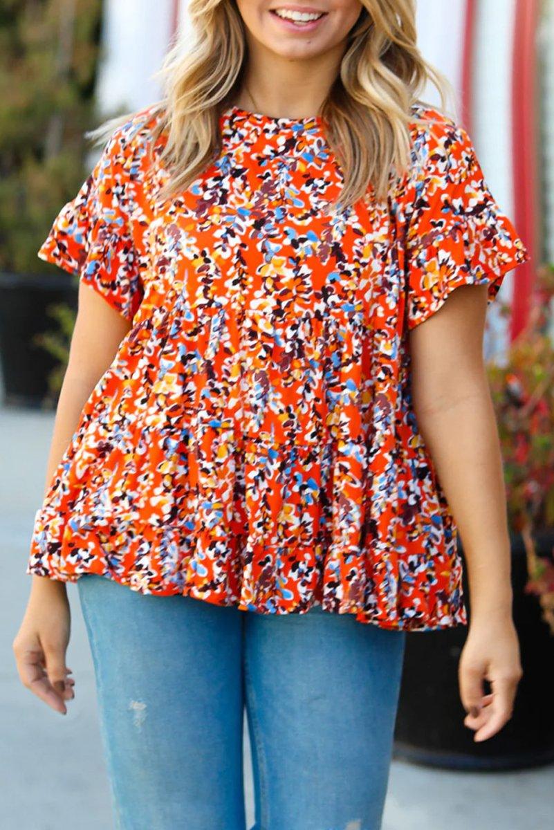 Orange Floral Ruffled Plus Size Babydoll Blouse - Klazzi Fashion Boutique