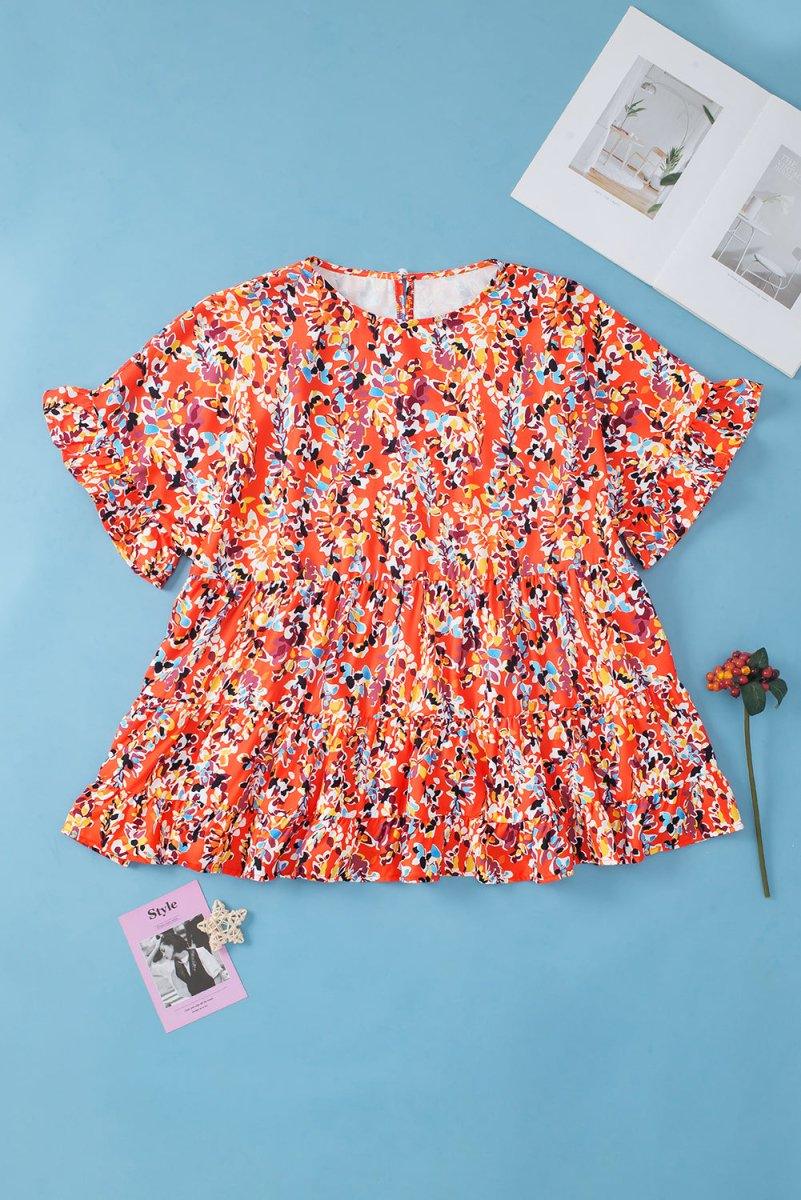 Orange Floral Ruffled Plus Size Babydoll Blouse - Klazzi Fashion Boutique