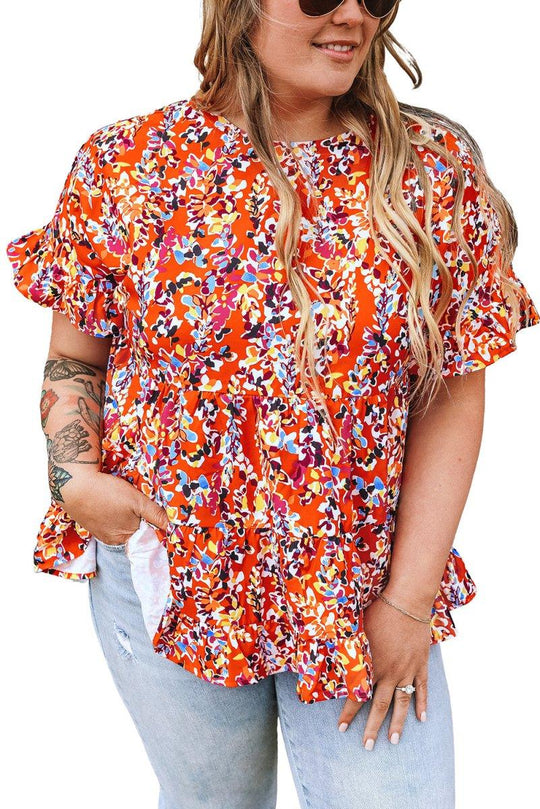 Orange Floral Ruffled Plus Size Babydoll Blouse - Klazzi Fashion Boutique