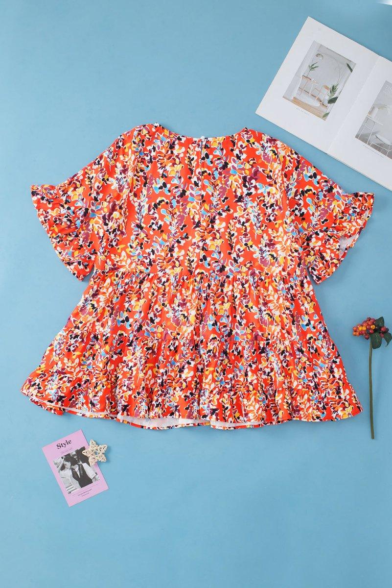 Orange Floral Ruffled Plus Size Babydoll Blouse - Klazzi Fashion Boutique