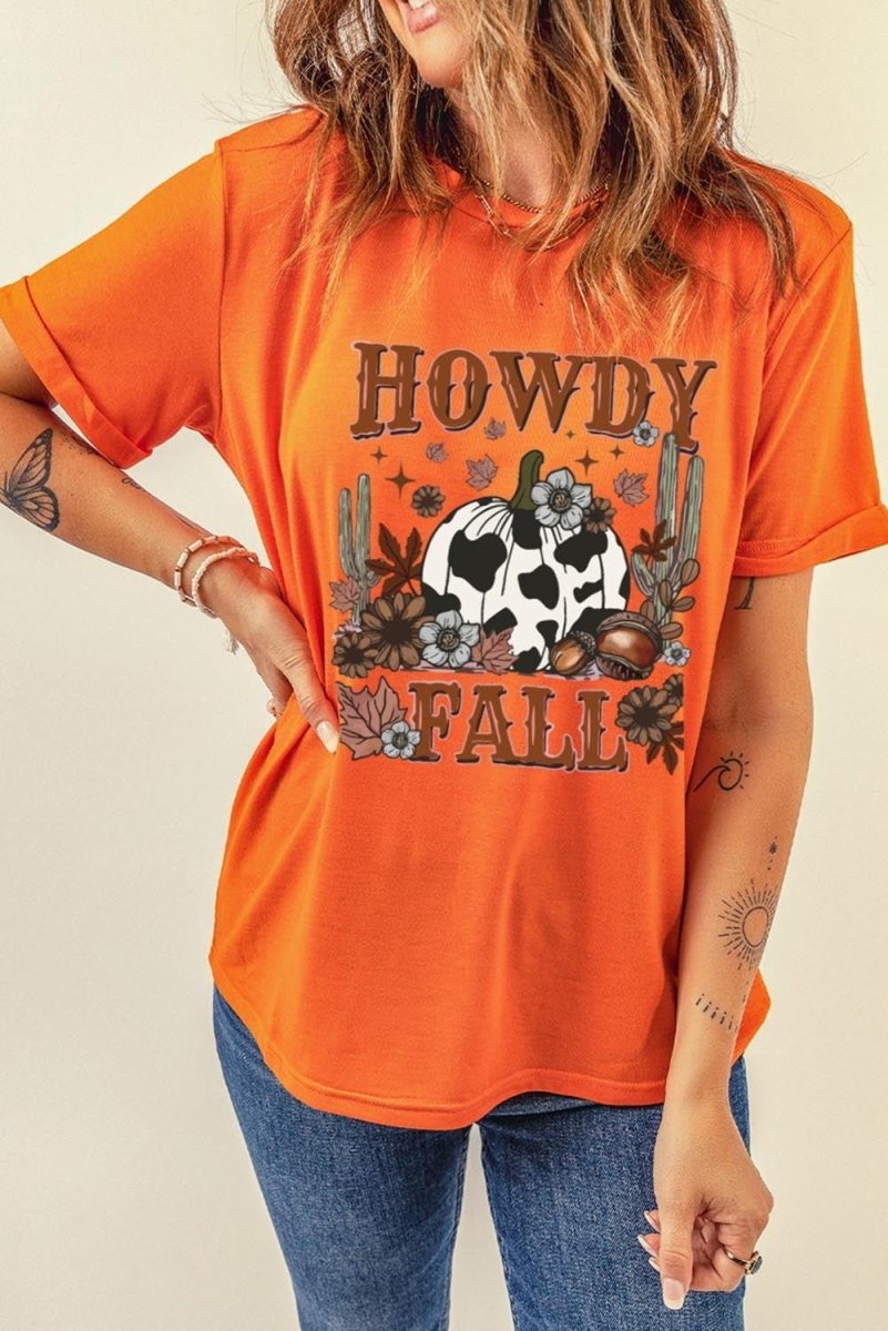 Orange "HOWDY FALL" Western Pumpkin T-Shirt - Klazzi Fashion Boutique