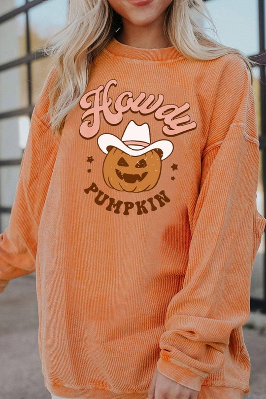 Orange "Howdy Pumpkin" Halloween Graphic Sweatshirt - Klazzi Fashion Boutique