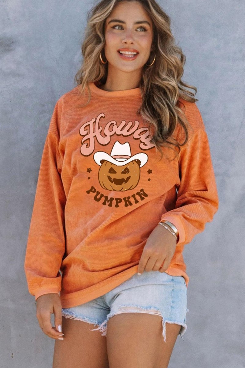 Orange "Howdy Pumpkin" Halloween Graphic Sweatshirt - Klazzi Fashion Boutique