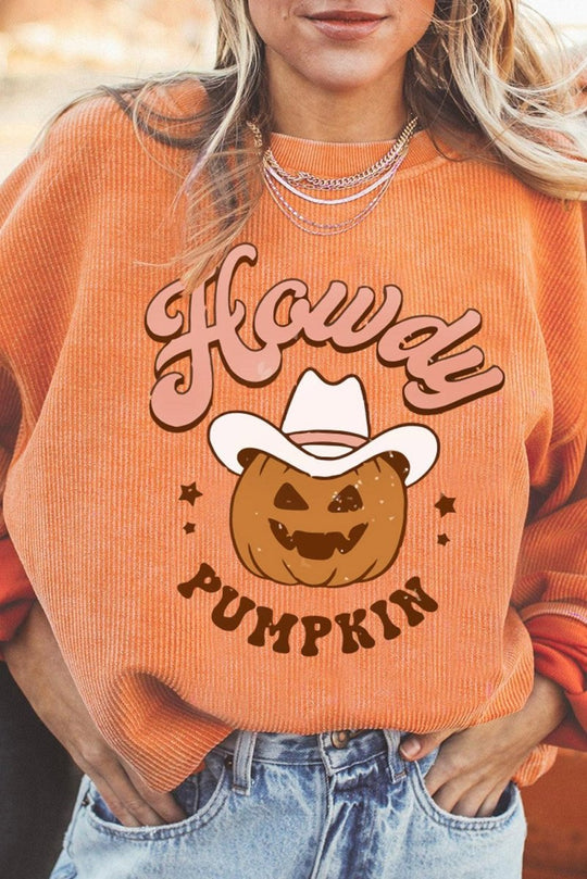 Orange "Howdy Pumpkin" Halloween Graphic Sweatshirt - Klazzi Fashion Boutique