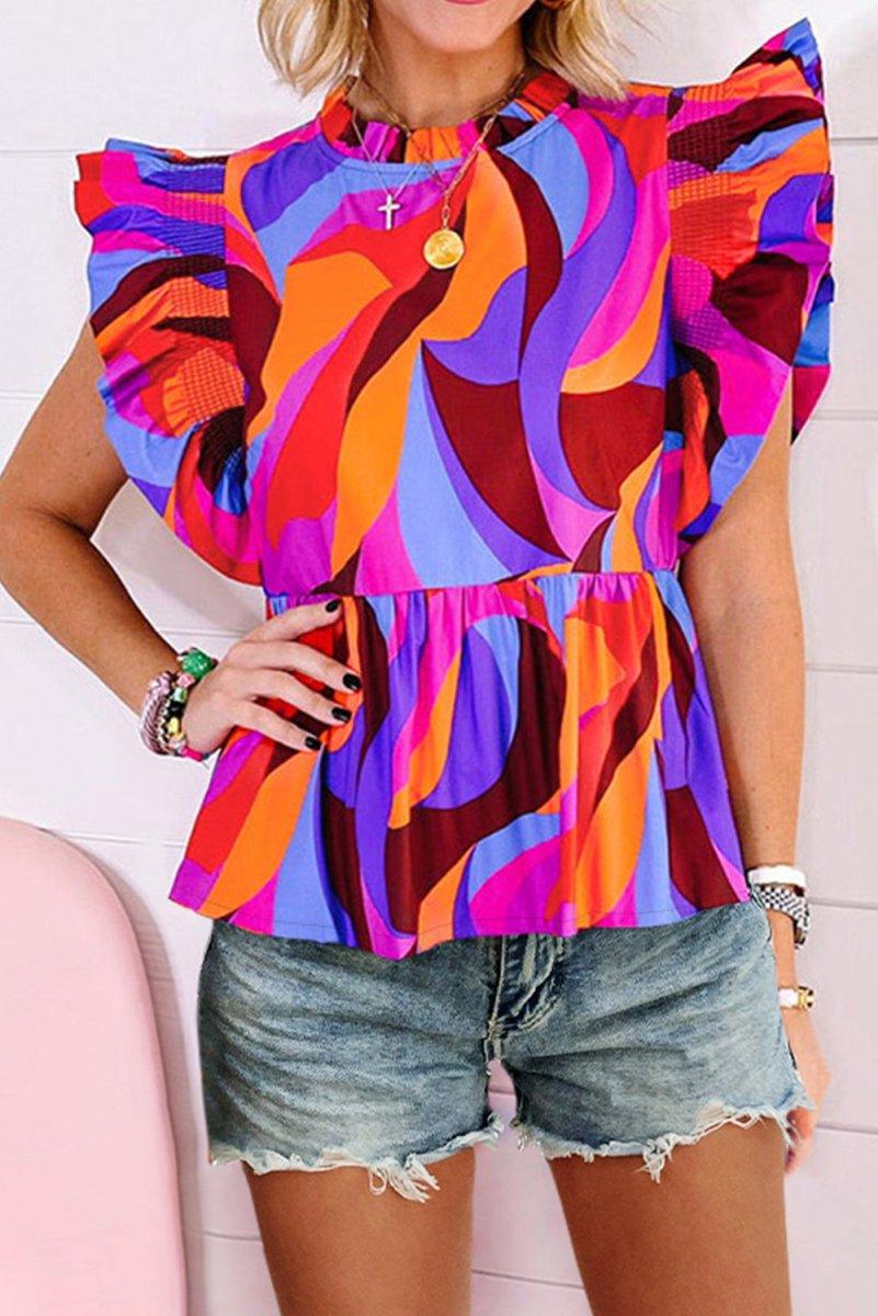 Orange Multicolor Abstract Flutter Sleeve Blouse - Klazzi Fashion Boutique