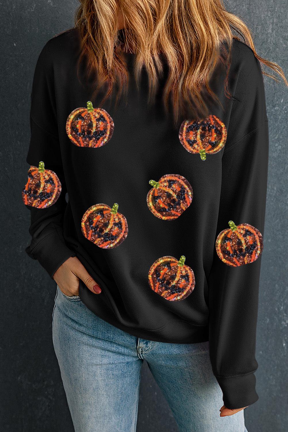 Sequin Halloween Orange Pumpkin Sweatshirt