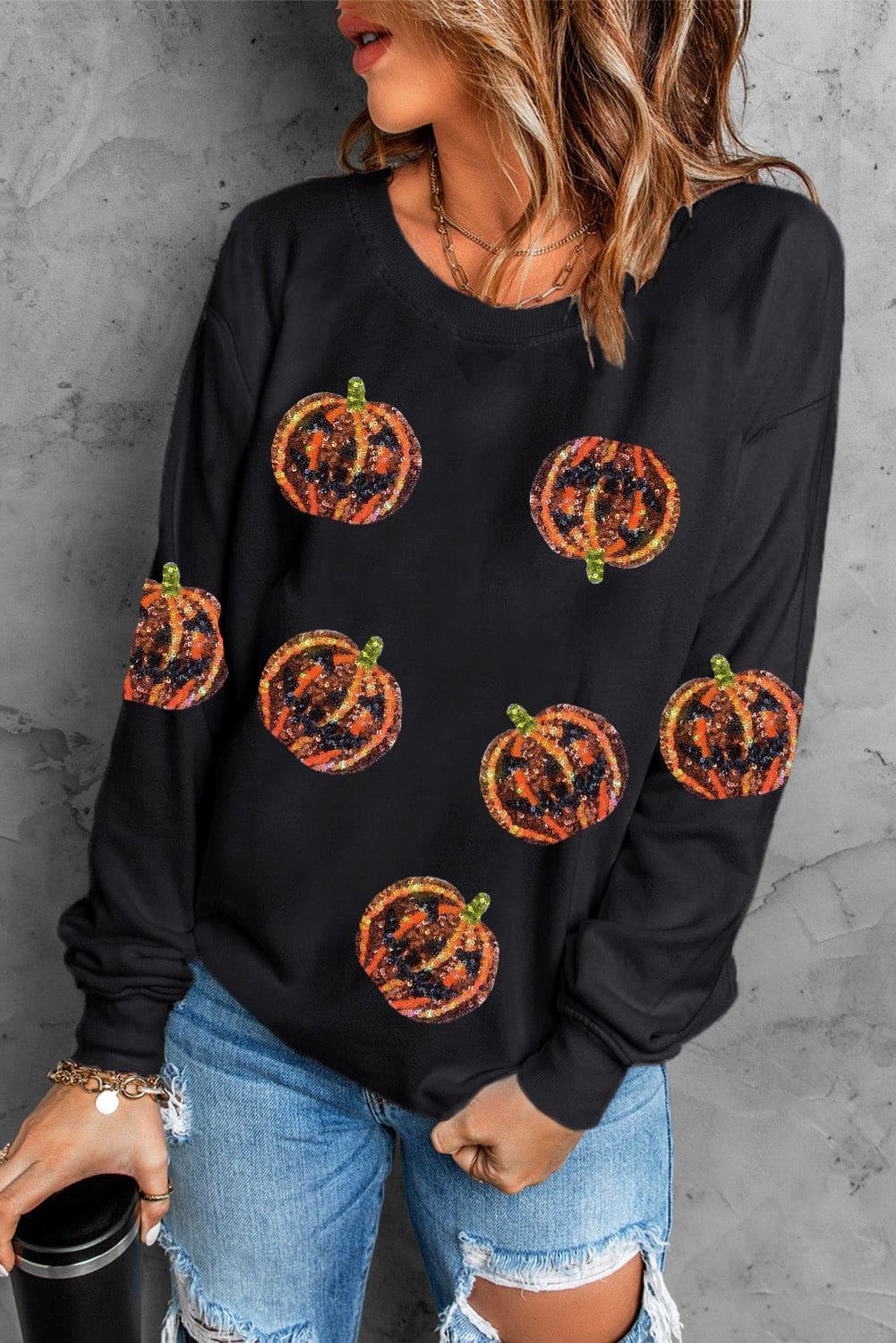 Sequin Halloween Orange Pumpkin Sweatshirt