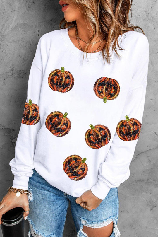 Orange Sequin Halloween Pumpkin Graphic Sweatshirt - Klazzi Fashion Boutique