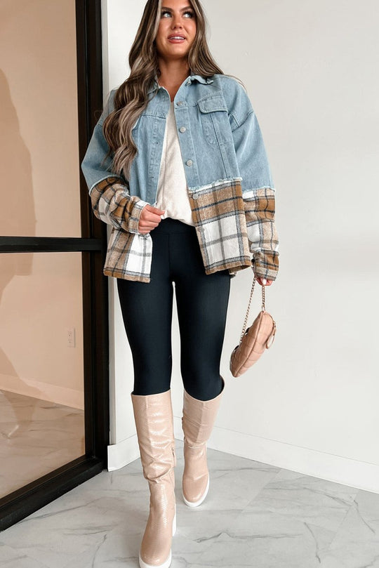 Oversized Denim Khaki Plaid Jacket - Klazzi Fashion Boutique