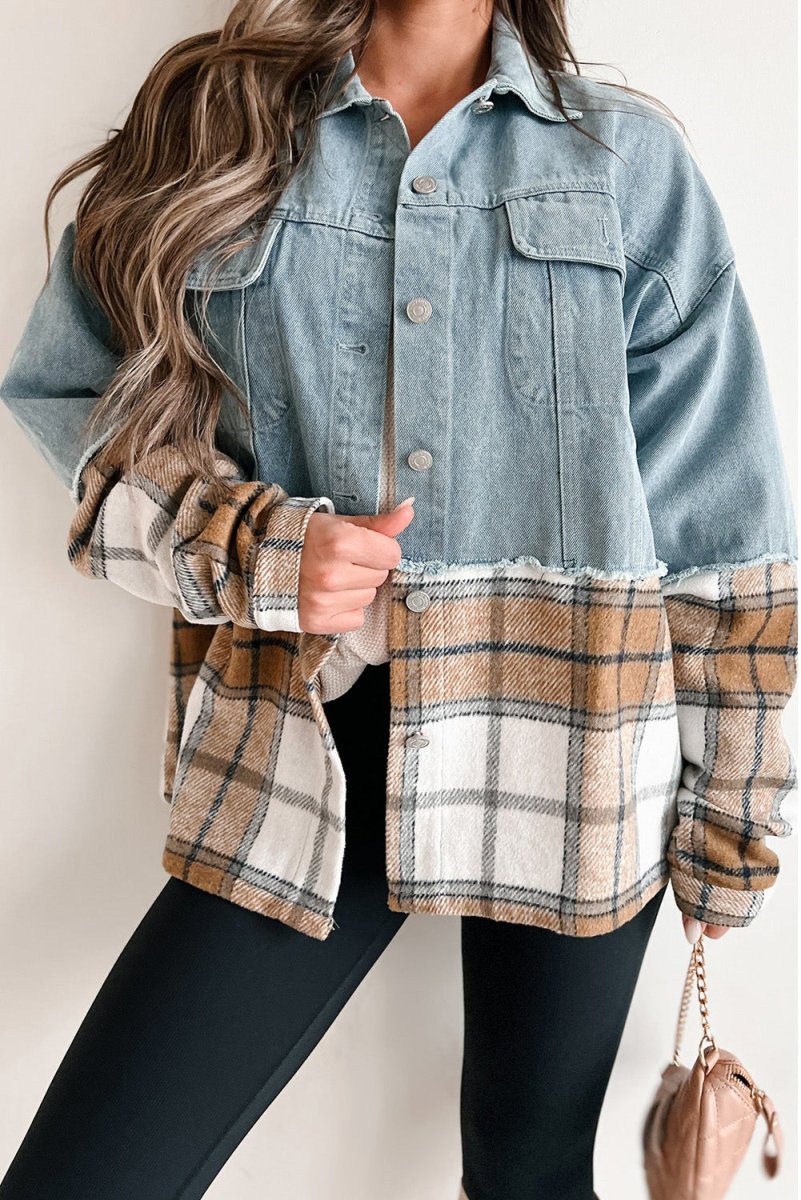 Oversized Denim Khaki Plaid Jacket - Klazzi Fashion Boutique