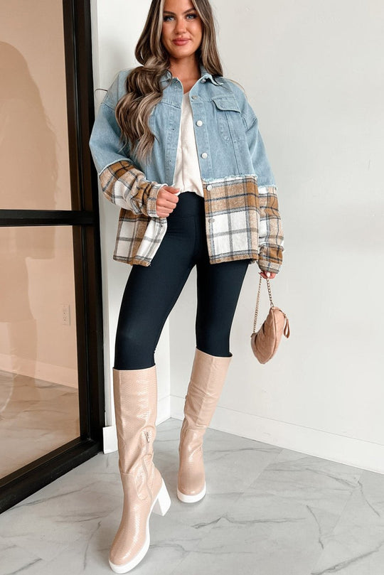 Oversized Denim Khaki Plaid Jacket - Klazzi Fashion Boutique