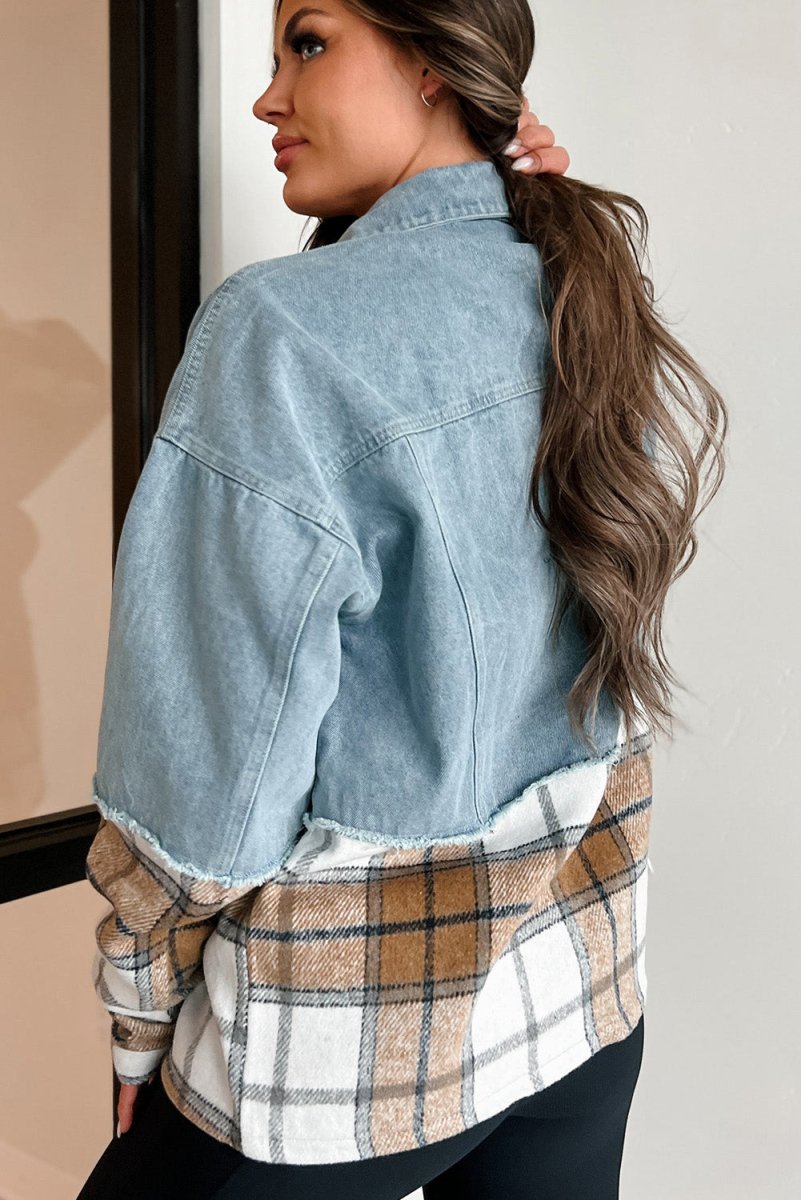 Oversized Denim Khaki Plaid Jacket - Klazzi Fashion Boutique