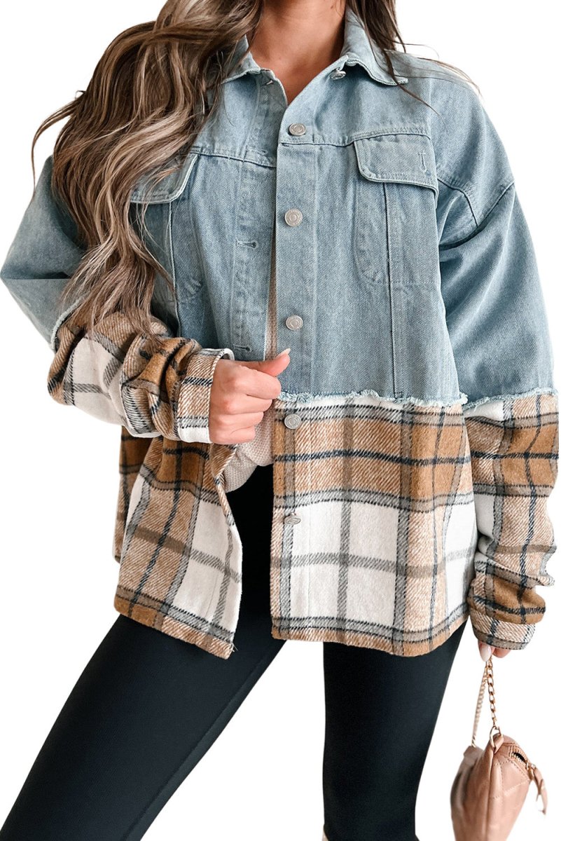 Oversized Denim Khaki Plaid Jacket - Klazzi Fashion Boutique