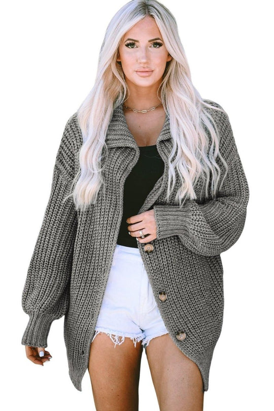 Oversized Gray Turndown Collar Cardigan - Klazzi Fashion Boutique