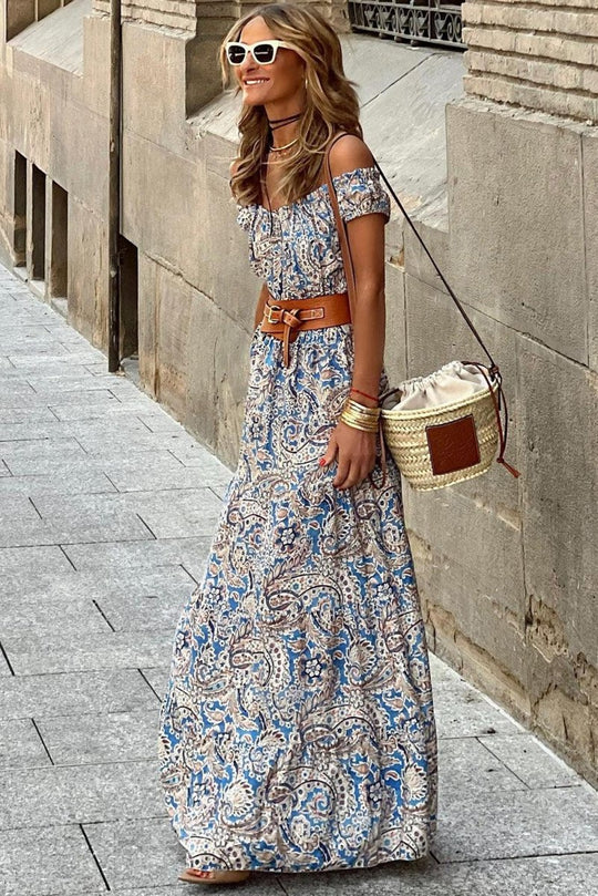 Paisley Boho Off Shoulder Dress - Klazzi Fashion Boutique