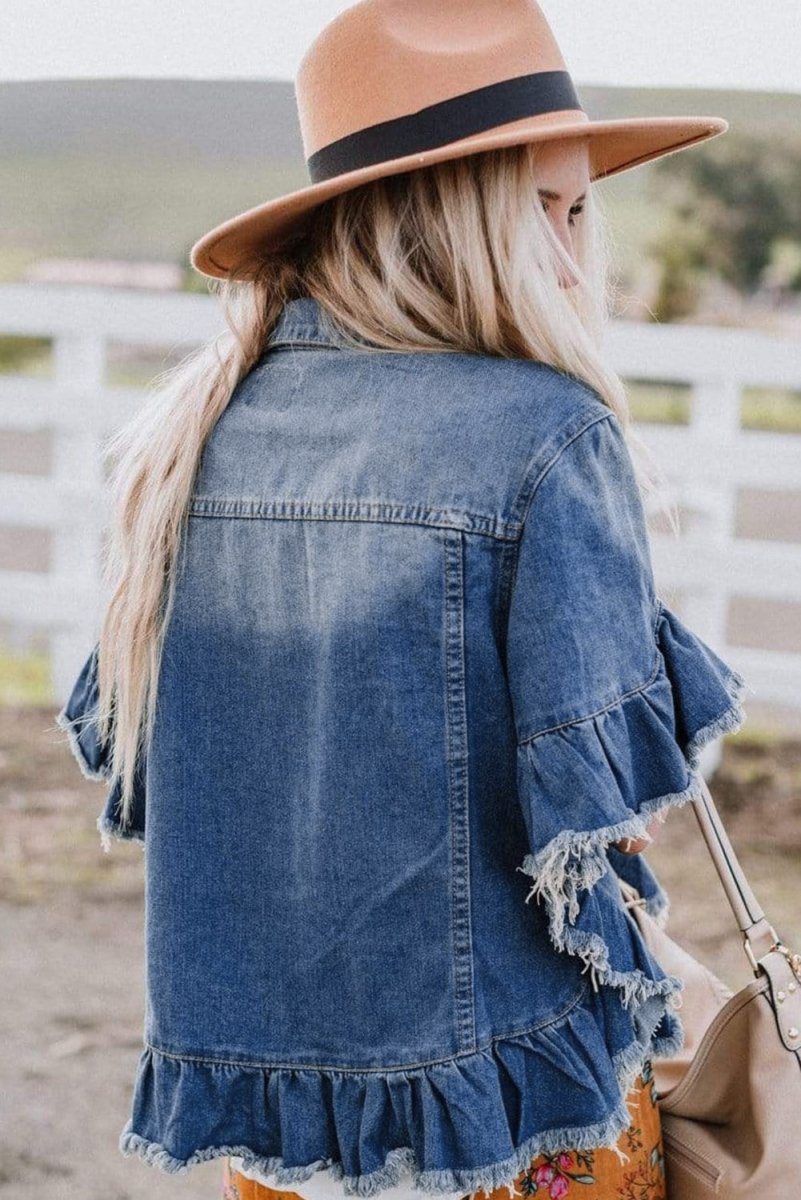 Peacock Ruffled Fringe Denim Jacket - Klazzi Fashion Boutique