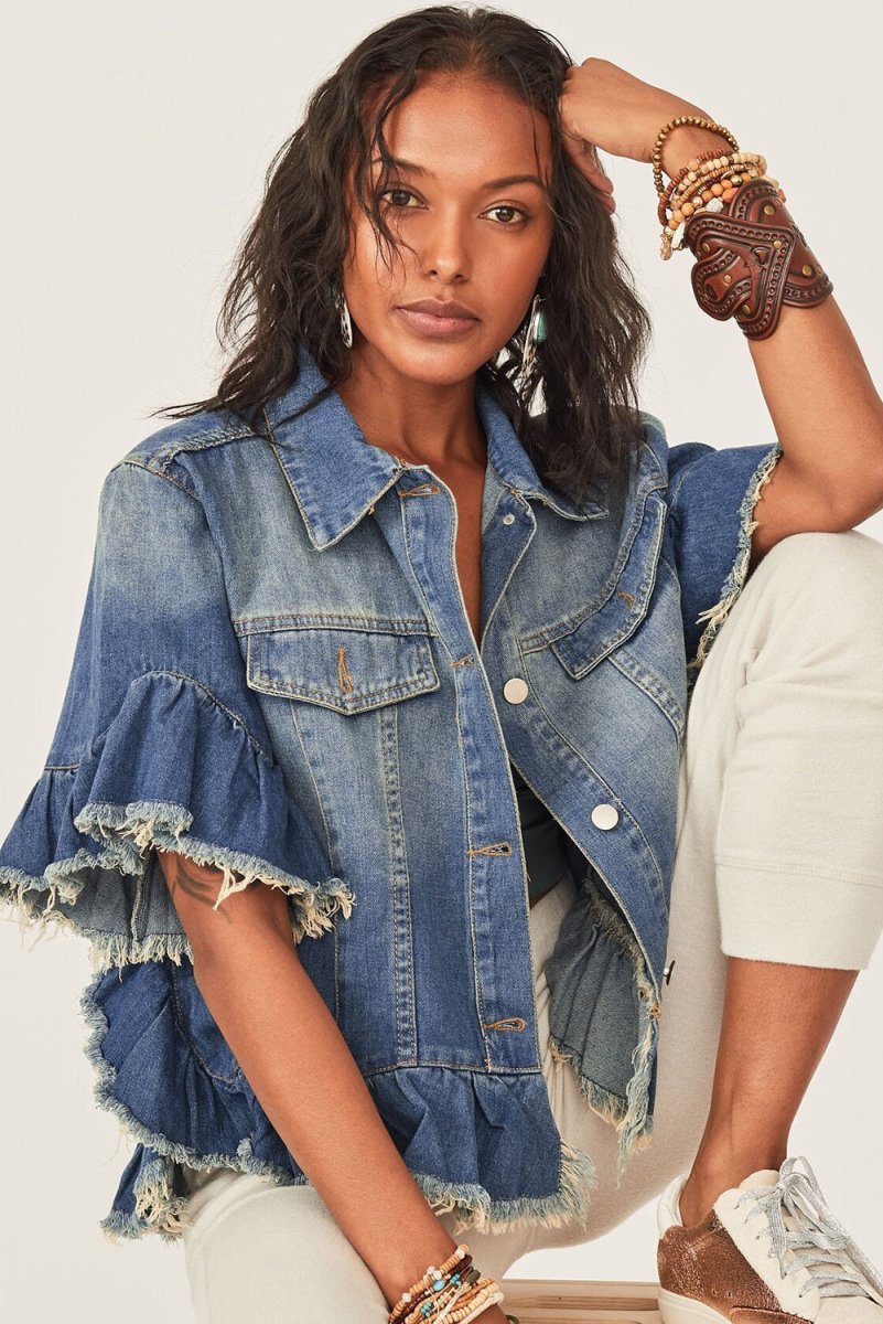 Peacock Ruffled Fringe Denim Jacket - Klazzi Fashion Boutique