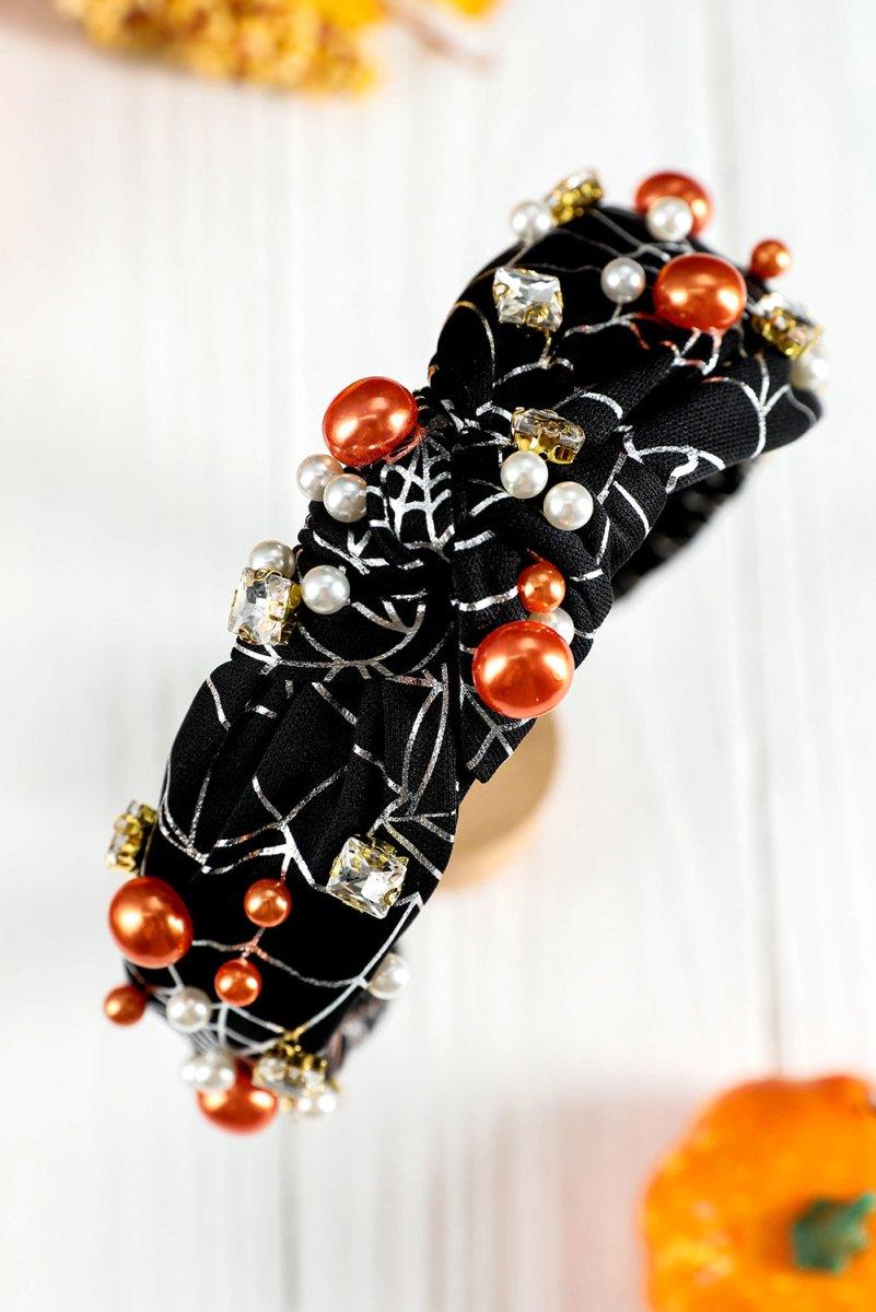 Pearled Rhinestone Spiderweb Halloween Headband - Klazzi Fashion Boutique