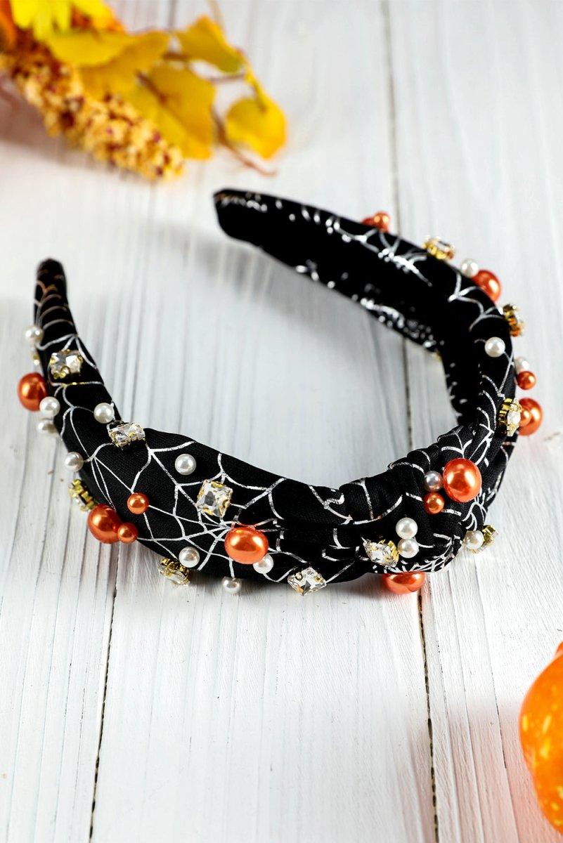 Pearled Rhinestone Spiderweb Halloween Headband - Klazzi Fashion Boutique