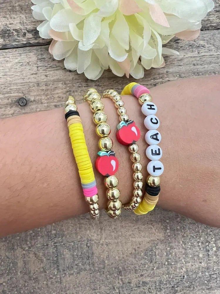 Personalized Teacher Pencil Apple Bracelet Set - Klazzi Fashion Boutique