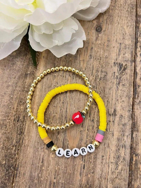 Personalized Teacher Pencil Apple Bracelet Set - Klazzi Fashion Boutique