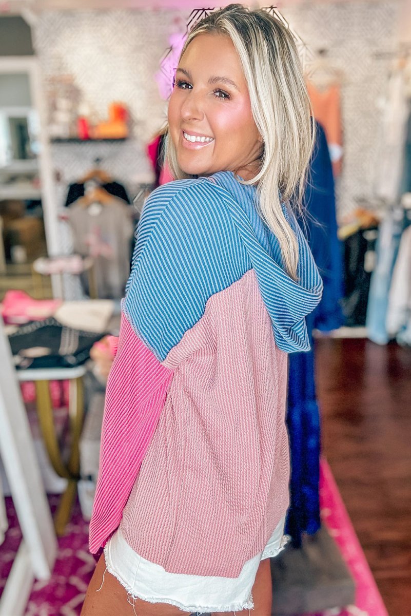 Pink and Blue Corduroy Knit Loose Fit Hoodie - Klazzi Fashion Boutique