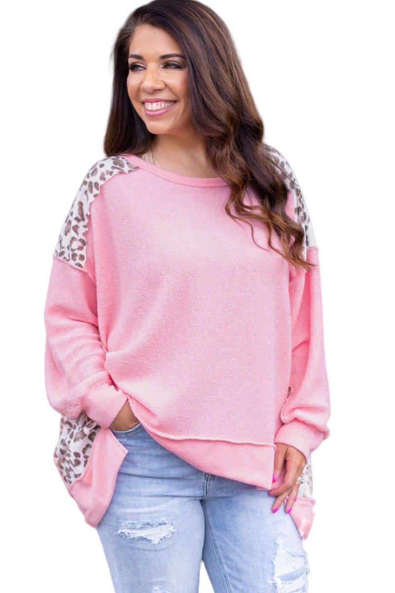 Pink and Leopard Splicing Plus Size Sweater - Klazzi Fashion Boutique