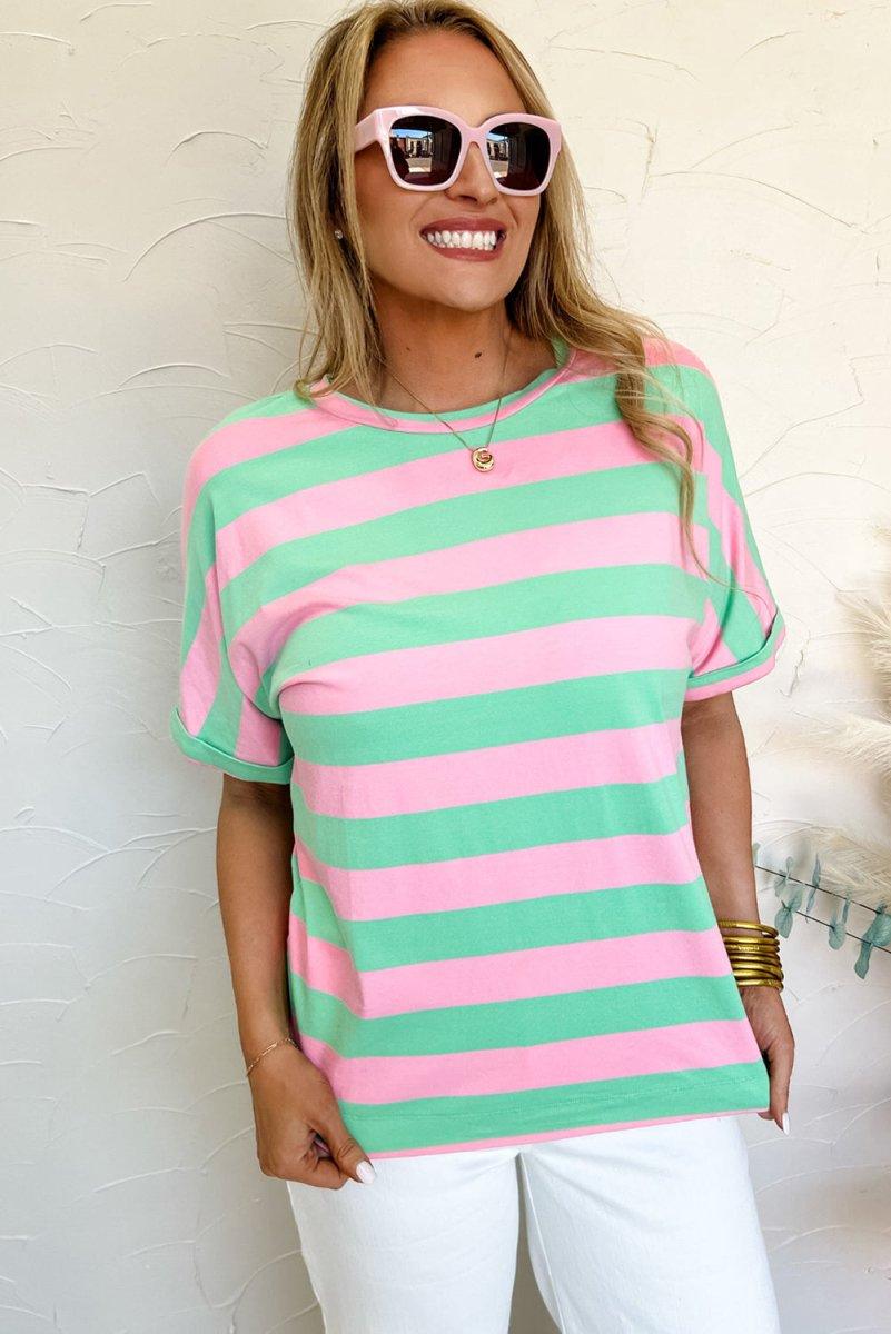 Pink and Mint Stripe Cuffed Sleeve Loose Tee - Klazzi Fashion Boutique