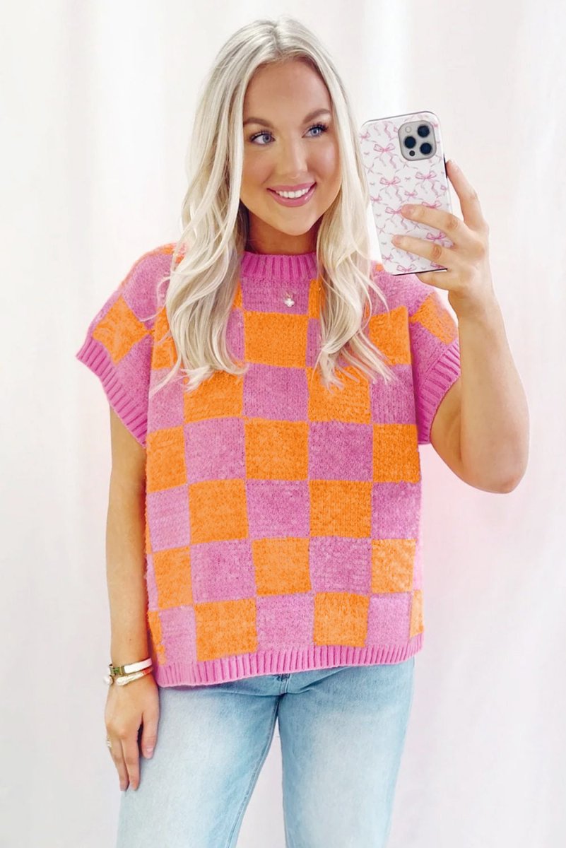 Pink and Orange Checkered Sweater Tank Top - Klazzi Fashion Boutique