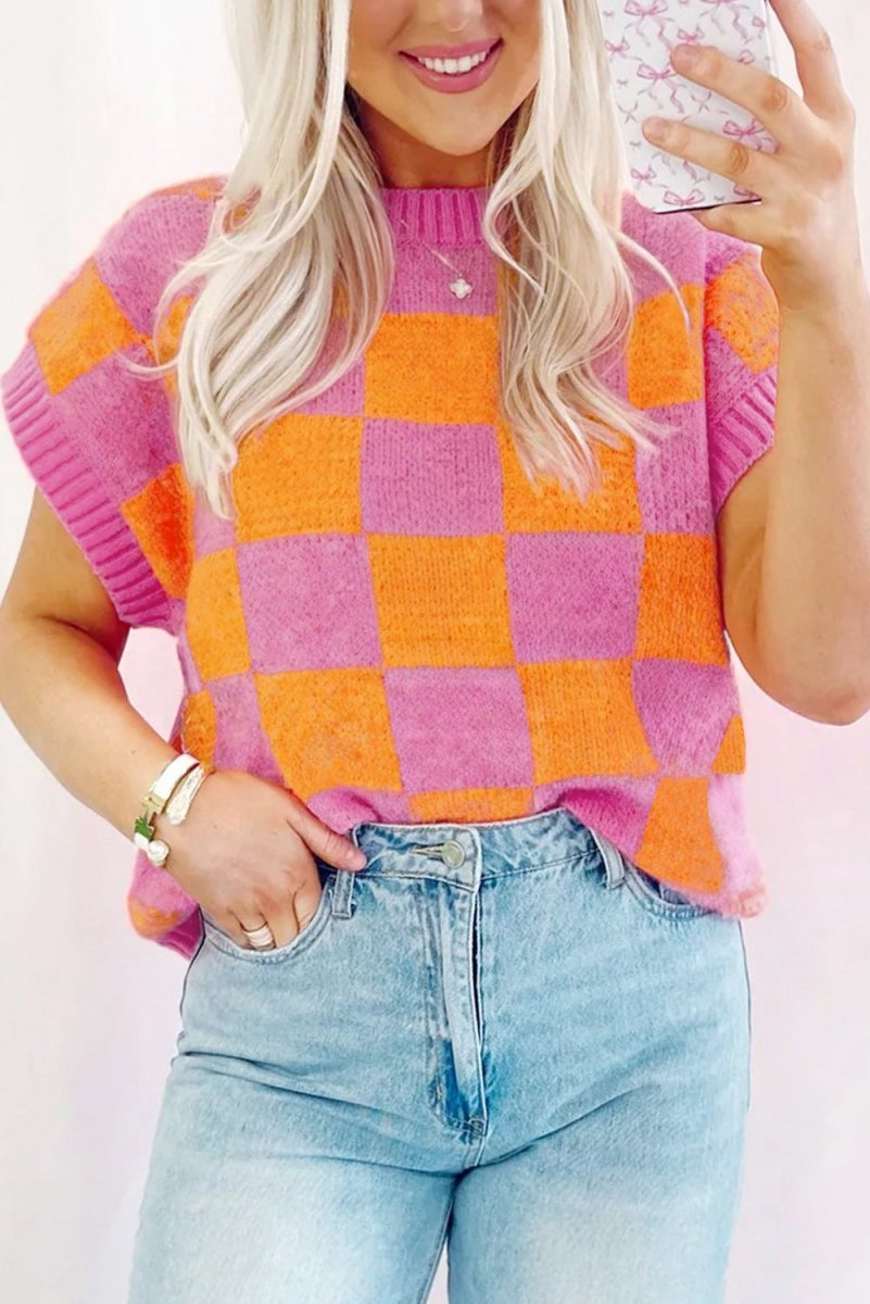 Pink and Orange Checkered Sweater Tank Top - Klazzi Fashion Boutique