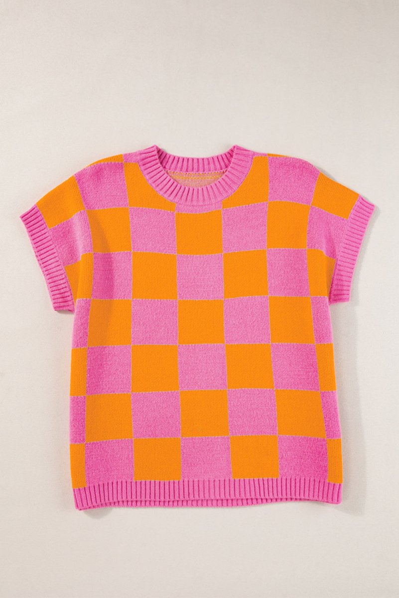 Pink and Orange Checkered Sweater Tank Top - Klazzi Fashion Boutique