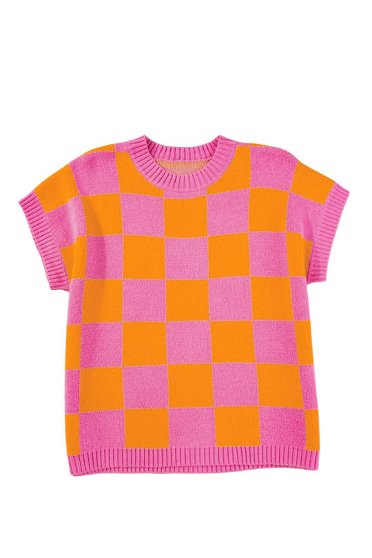 Pink and Orange Checkered Sweater Tank Top - Klazzi Fashion Boutique