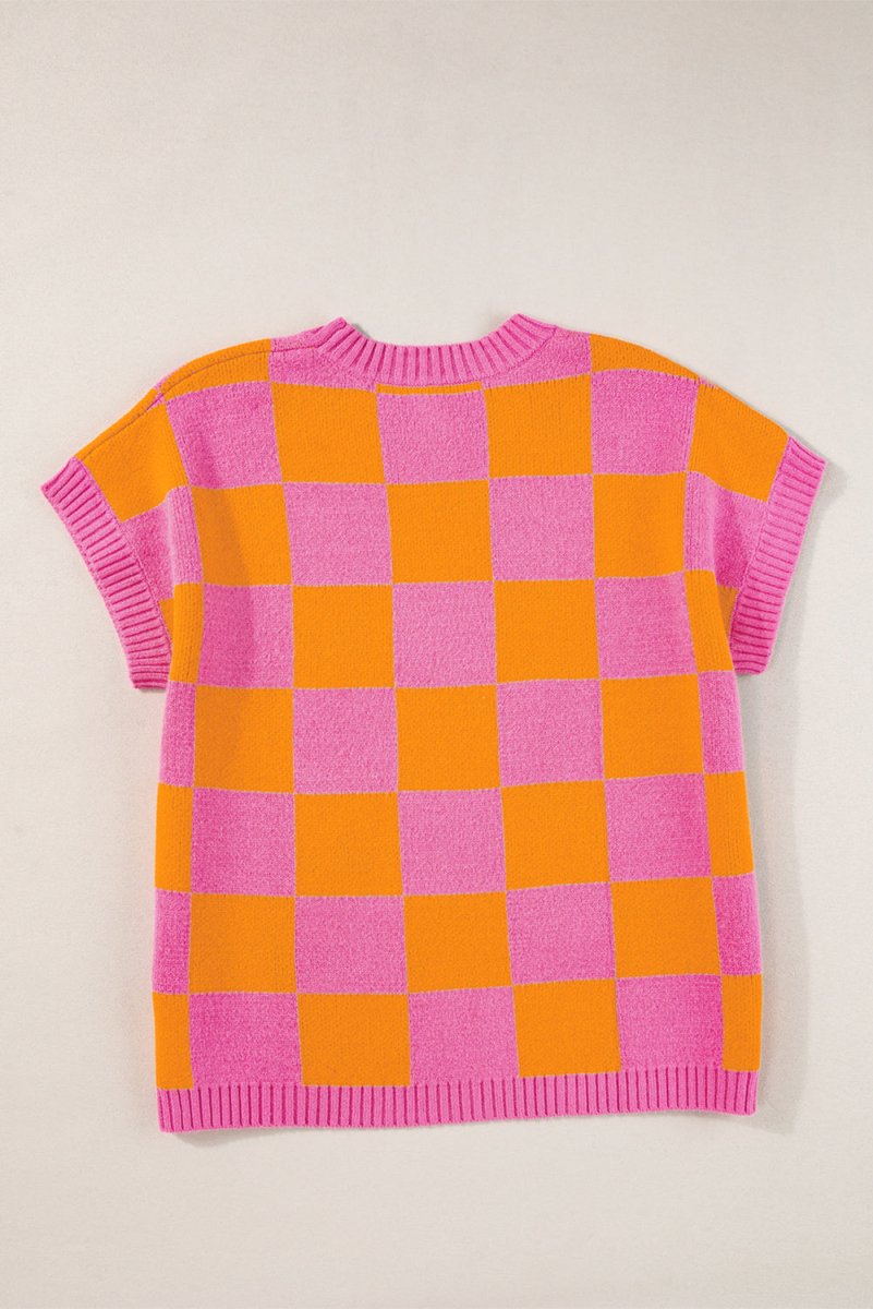 Pink and Orange Checkered Sweater Tank Top - Klazzi Fashion Boutique