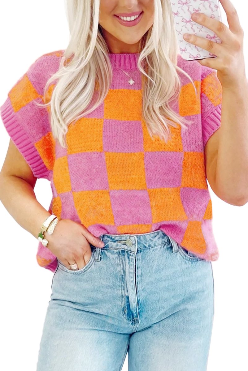 Pink and Orange Checkered Sweater Tank Top - Klazzi Fashion Boutique