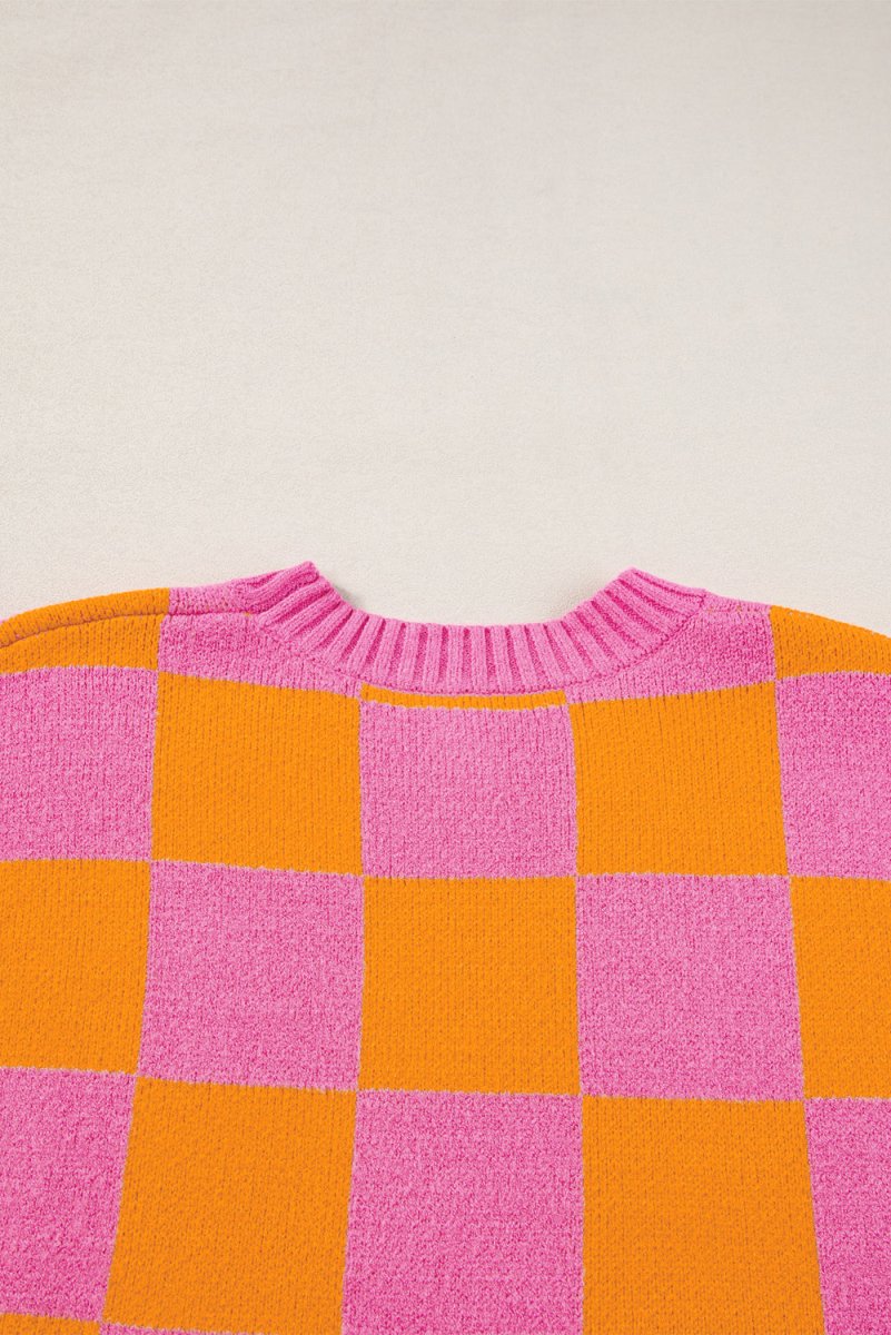 Pink and Orange Checkered Sweater Tank Top - Klazzi Fashion Boutique