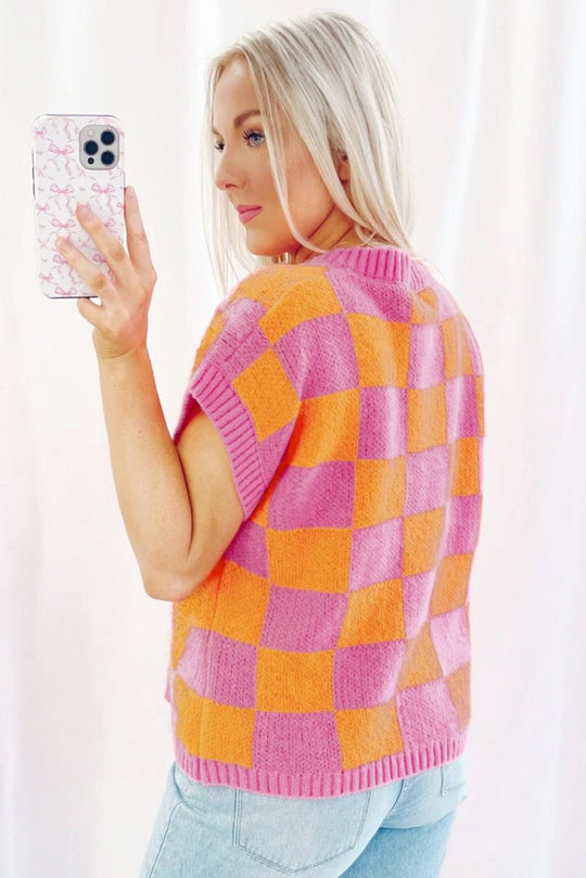 Pink and Orange Checkered Sweater Tank Top - Klazzi Fashion Boutique