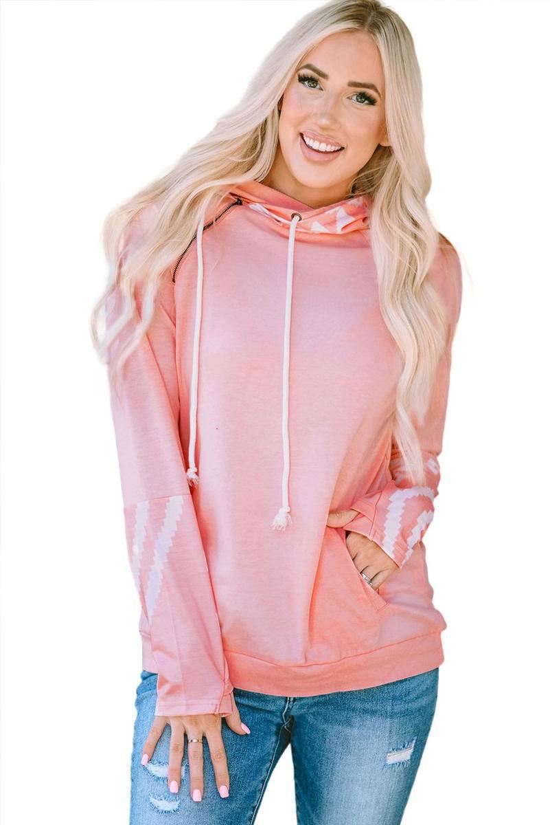 Pink Aztec Patchwork Thumb Hole Hoodie - Klazzi Fashion Boutique