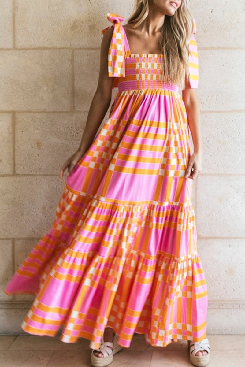 Pink Boho Gingham Maxi Dress - Klazzi Fashion Boutique