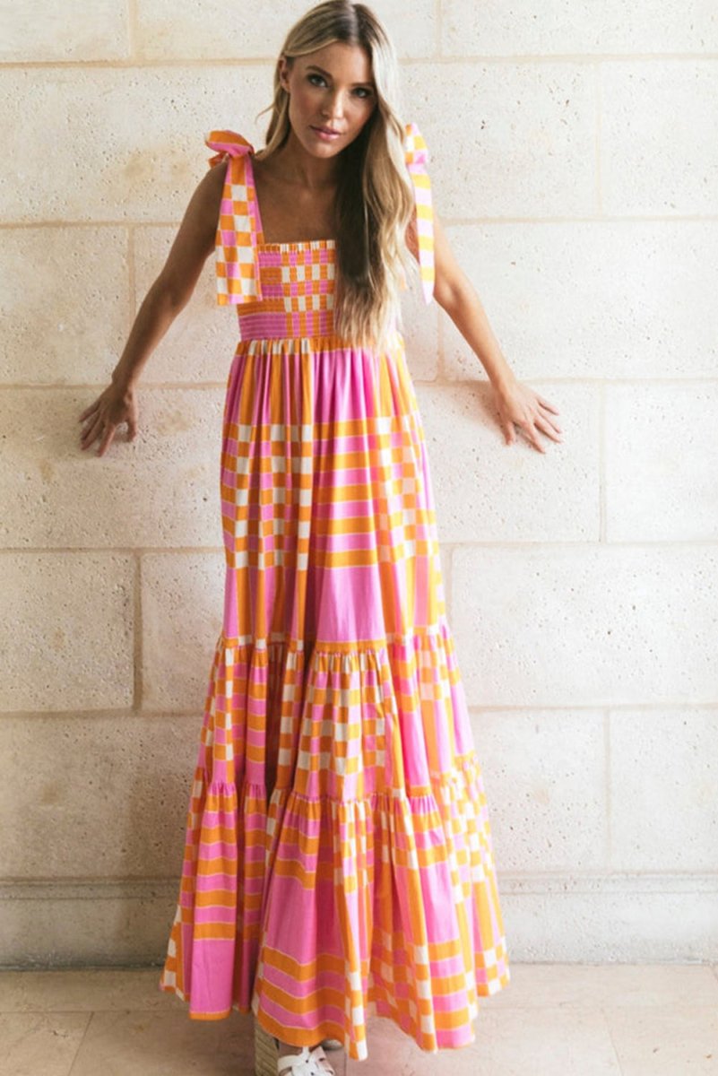 Pink Boho Gingham Maxi Dress - Klazzi Fashion Boutique