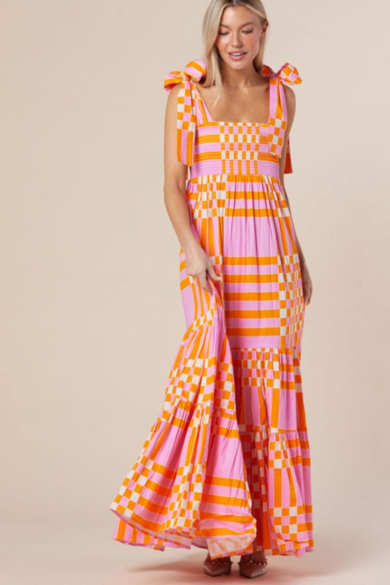 Pink Boho Gingham Maxi Dress - Klazzi Fashion Boutique