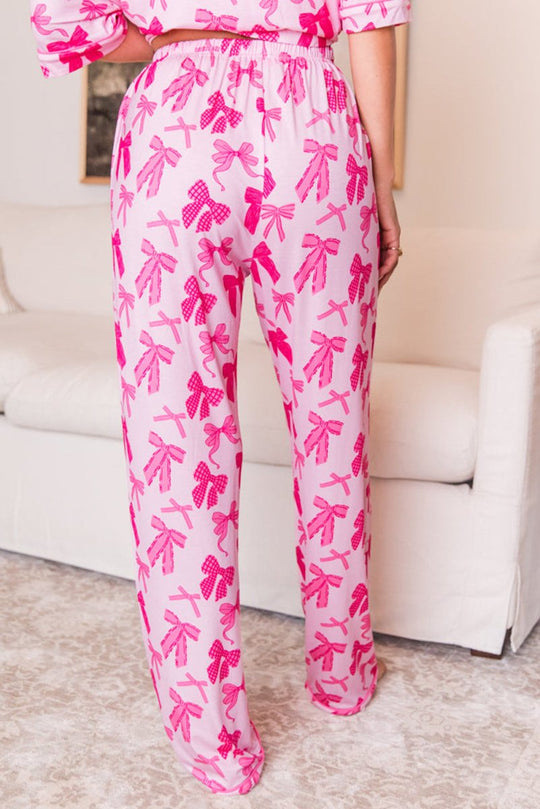 Pink Bow Knots Print Short Sleeve and Pants Pajamas Set - Klazzi Fashion Boutique